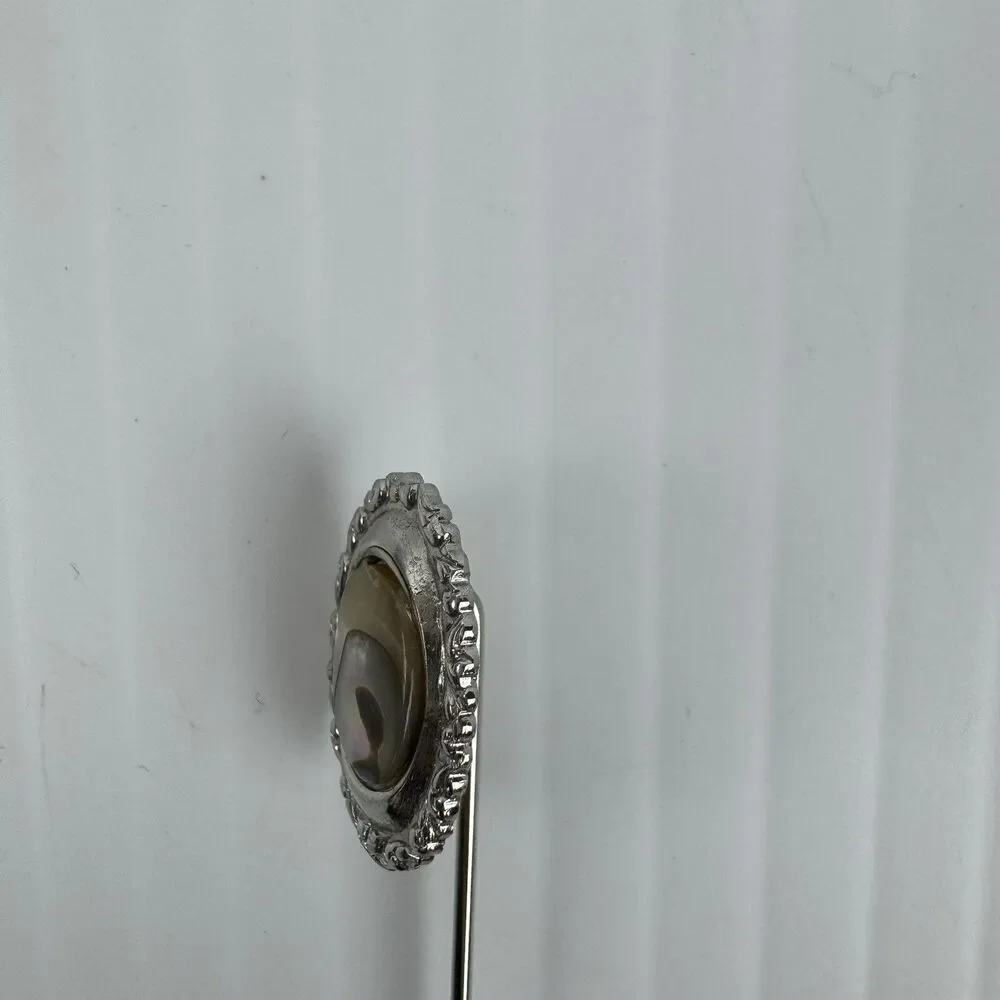 Vintage Abalone Shell Stick Pin Silver Tone Oval Lapel Hat Pin Classic